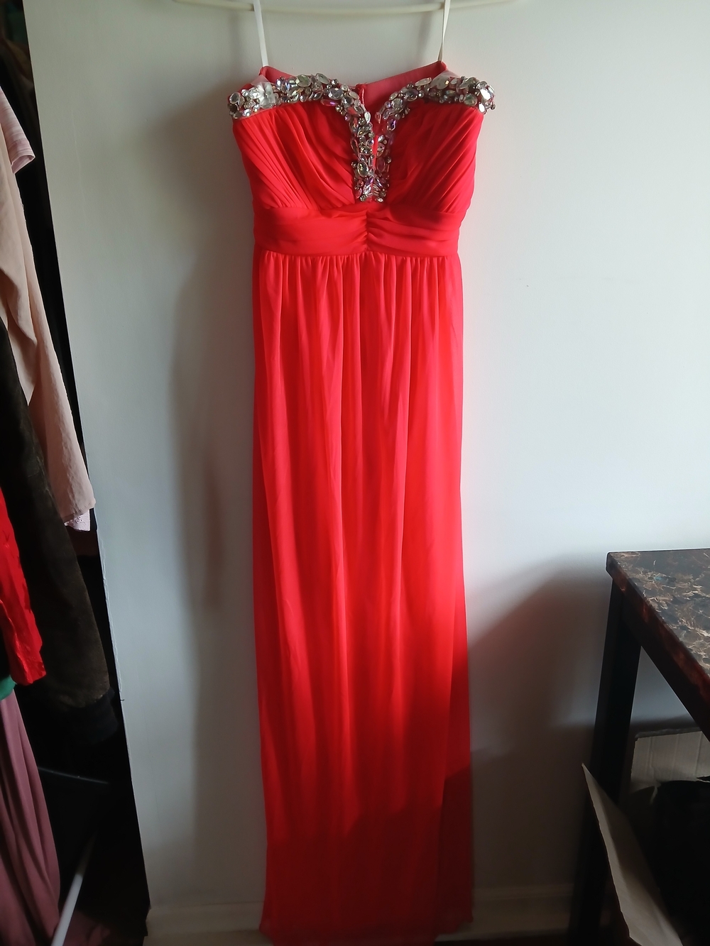 Deb Strapless Beaded Coral-Red Evening Gown 7